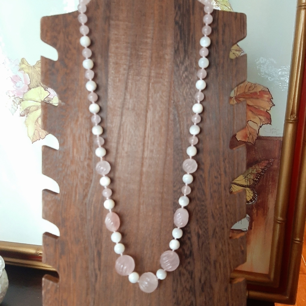 Vintage 14K Gold, Rose Quartz & Milk Glass Necklace